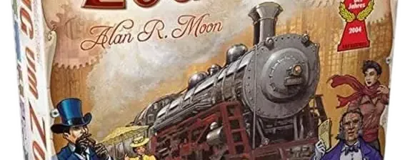 Der Karton zeigt eine alte Eisenbahn. Sie fährt in unsere Richtung. Im Vordergrund sind fünf Personen in eleganter Kleidung zu sehen.