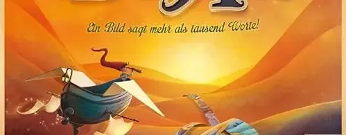 Der Karton des Spiels ist Orange. Es sind Sanddünen darauf gemalt. Ein Schiff mit Flügeln, fliegt auf der linken Hälfte über die Dünen. Auf der rechten Hälfte des Kartons ist ein Weg, der über die Dünen führt. Der Weg ist aus verschieden Spielkarten geleg