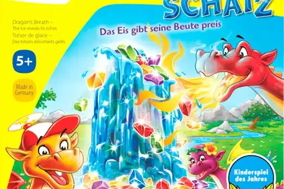Auf dem Karton ist Mittig ein Eisberg zu sehen. Im Eisberg sind viele Diamanten. Um den Eisberg herum sind drei freundliche Drachen. Ein roter am rechten Rand, ein kleiner pinker in der rechten Ecke und ein orangener in der linke Ecke. Sie spucken Feuer,