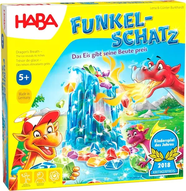 Auf dem Karton ist Mittig ein Eisberg zu sehen. Im Eisberg sind viele Diamanten. Um den Eisberg herum sind drei Drachen. Ein roter, ein kleiner pinker und ein orangener Drache. Sie spucken Feuer, umd das Eis zu schmelzen und die Diamanten zu holen.